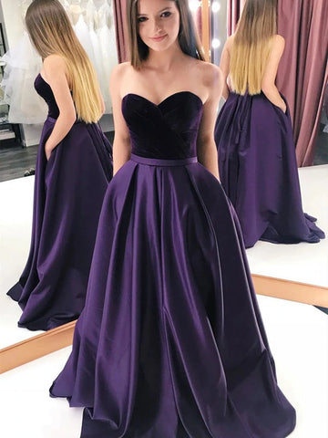 Velvet Purple Sweetheart Satin Prom Dress With Pocktes