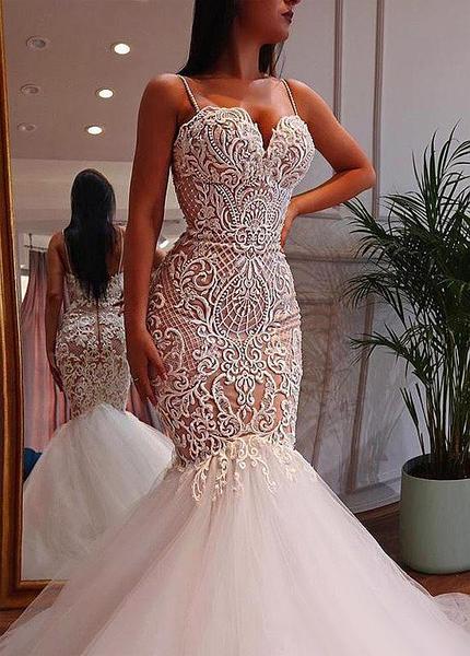 Tulle A-line Spaghetti Straps Mermaid Wedding Dress With Lace Appliques,  MW660