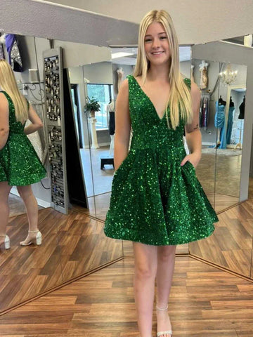 Sequin V Neck Green Short Mini Homecoming Dress
