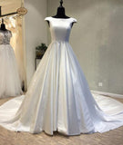 White Round Neck Satin Long Wedding Dress