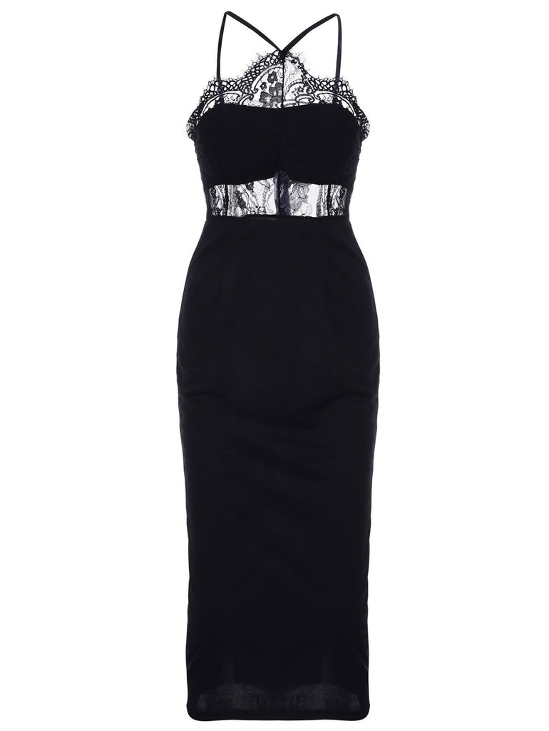 Black Midi Lace Inset Bodycon Dress – Sassymyprom