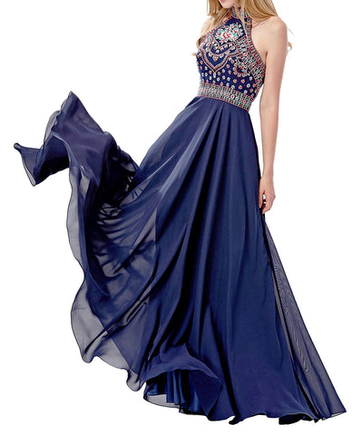 Halter Neck Embroidery Open Back Prom Dress