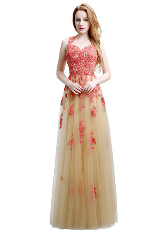 Romantic Tulle Queen Anne Neckline Cut-out Floor-length A-line Prom Dress US12 / As The Pictures