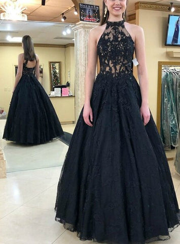 Tulle Lace Halter Backless Appliques Black Prom Dress