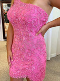 One Shoulder Sheath Column Pink Lace Homecoming Dress