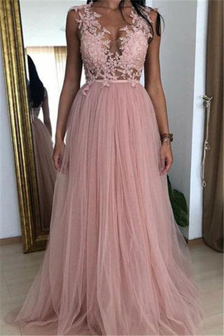 Tulle Appliques V Neck Dusty Pink See Through Prom Dress