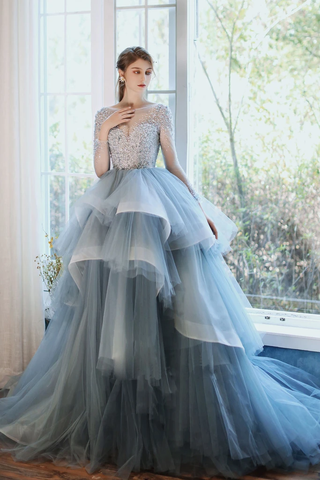 Lace Up Ruffles Blue Long Sleeve Beading Tulle Prom Dress