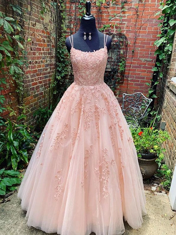 Cute A Line Pink Lace Appliques Lace Prom Dress