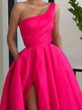 One Shoulder Pink Satin Pockets Prom Dress With Slit