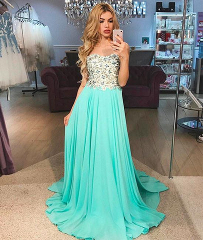 Green Round Neck Applique Tulle Long Evening Prom Dress