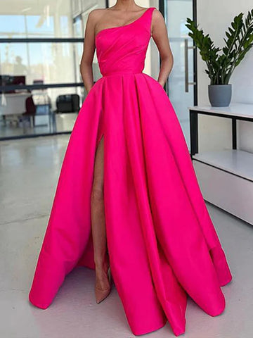 One Shoulder Pink Satin Pockets Prom Dress With Slit
