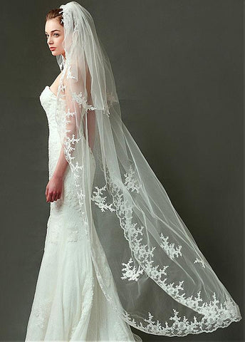Amazing Tulle Wedding Veil With Lace Appliques