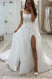Straps  Applique Long Wedding Dress With Detachable Train