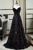 Dark Blue Sequin A Line Spaghetti Straps Bling Bling Prom Dress