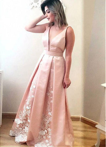 Pink  V Neck Prom Dress With Lace Appliques