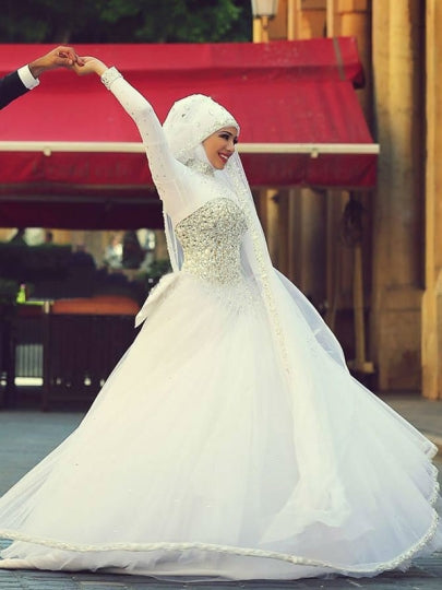 Luxury Long Sleeve Muslim Wedding Dress High Neck Hijab Islamic Bridal Gowns  Satin Appliques Pearls Arabic Robe De Mariée - AliExpress