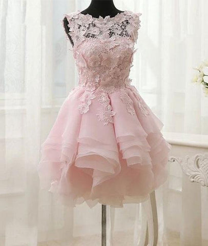 Lovely Pink Foral Ruffles Lace Short Prom Homecoming Dress