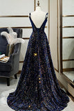 Dark Blue Sequin A Line Spaghetti Straps Bling Bling Prom Dress