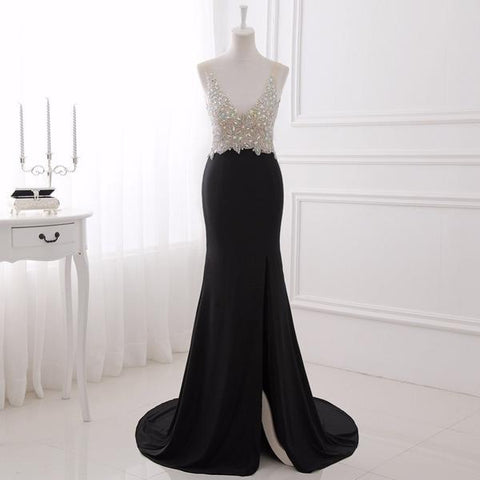 Black Crystal Top Split Mermad Beading Prom Dress