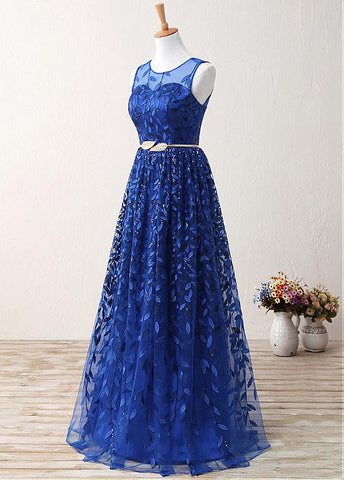 Royal Blue Fantastic Lace Jewel Neckline A-Line Prom Dresses