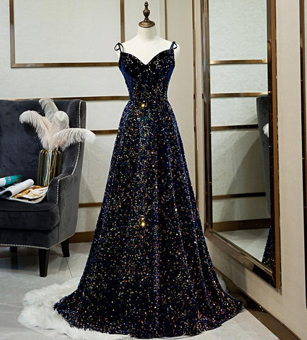 Dark Blue Sequin A Line Spaghetti Straps Bling Bling Prom Dress 2021 Sassymyprom Dark Blue Sequin A Line Spaghetti Straps Bling Bling Prom Dress 2021 Sassymyprom
