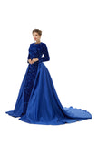 Blue Long Sleeves Scoop Trumpet Mermaid Sparkle Sequin Prom Dress