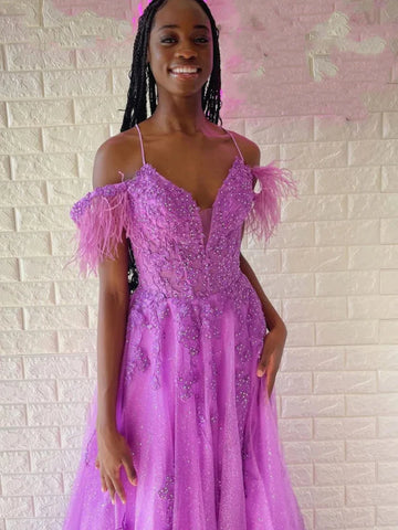 Purple Feather Off Shoulder Prom Dress with High Slit