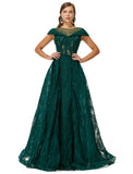 Green Cap Sleeves Scoop Lace A Line Detachable Train Prom Formal Dress