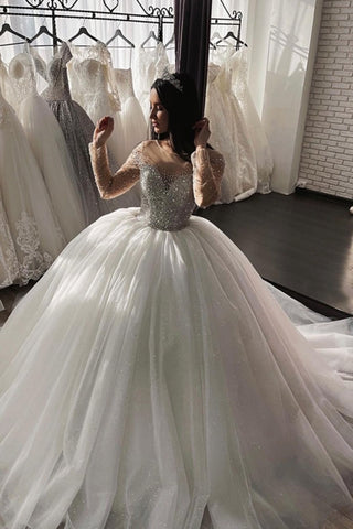 Luxury Long Sleeves Scoop Beading Sparkle Ball Gown Wedding Dress