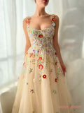 Champagne Colorful Tulle Floral Long Prom Dress