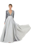 Silver Long Sleeves Sequin & Satin A Line Sexy Prom Formal Dress