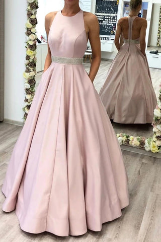 Satin A Line Pleats Beading Jewel Neck Pink Prom Dress