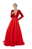 Red Long Sleeves Sequin & Satin A Line Sexy Prom Formal Dress