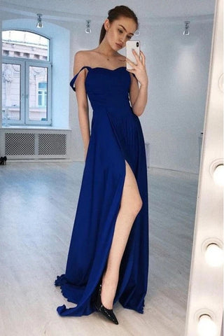 Chiffon A Line Royal Blue Off The Shoulder Prom Dress With Slit