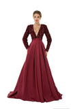 Burgundy Long Sleeves Sequin & Satin A Line Sexy Prom Formal Dress
