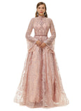 Pink Long Sleeves Scoop Lace A Line Detachable Train Prom Formal Dress