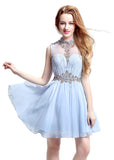 Stunning Chiffon & Tulle Illusion High Collar Neckline Short-length A-line Homecoming Dresses With Beadings & Pleats