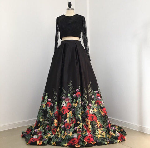 Floral Flowers Pattern Print Two Piece Prom Dresses