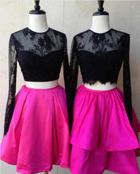 Two Piece Black Lace Long Sleeves Homecoming Dresses  Sassymyprom