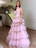 High Neck Tulle Pink See Through Sleeveless Prom Dress