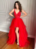 Tulle Ruffles Backless Red High Low V Neck Prom Dress