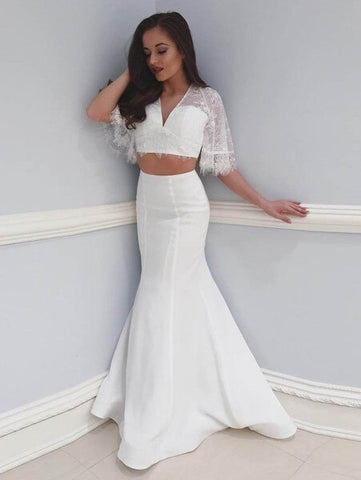 Two Piece V-Neck White Floor Length Prom Dress with Half Sleeve