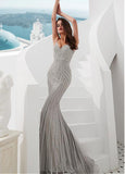  Tulle Spaghetti Straps Silver Mermaid Evening Dress With Rhinestones