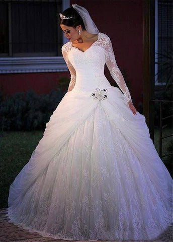 Long Sleeve Lace V-neck Beading Ball Gown Wedding Dress