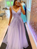 Light Purple Tulle V Neck Appliques Prom Formal Dress