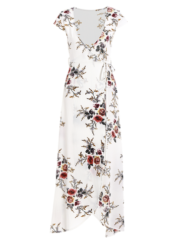 Floral Print Short Sleeve Maxi Wrap Dress