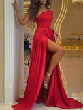 Satin A Line Red Formal Prom Dress With Slit