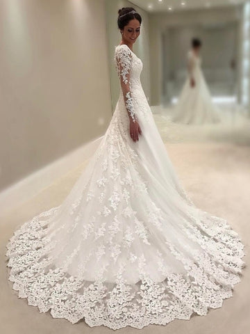  Long Sleeves V-Neck Lace Wedding Dress