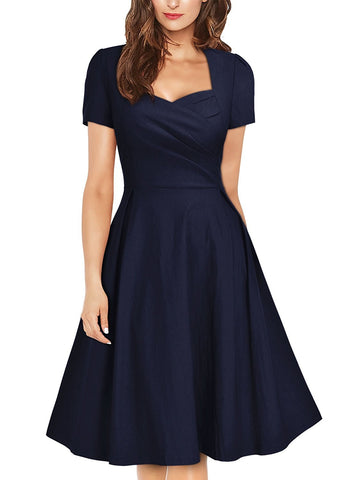 Women's Vintage 1950s Navy Style Short Sleeve Pleated Cocktail Swing Dress