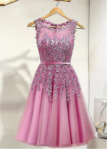 Elegant Tulle Bateau Neckline A-line Homecoming Dresses With Lace Appliques
